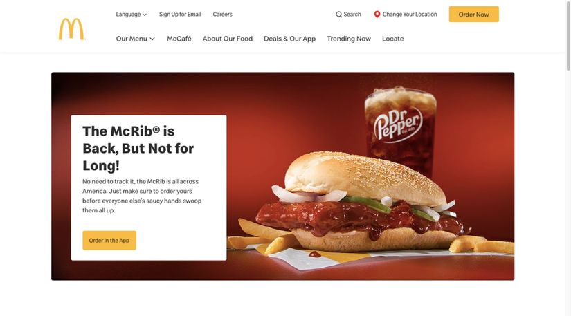 McDonald’s shows off its popular McRib sandwich on the homepage of its site.