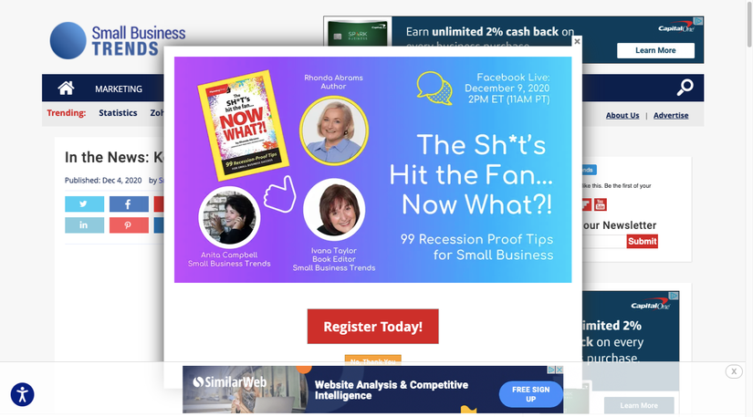 Small Business Trends displays a recession-related pop-up the second someone enters the website. 