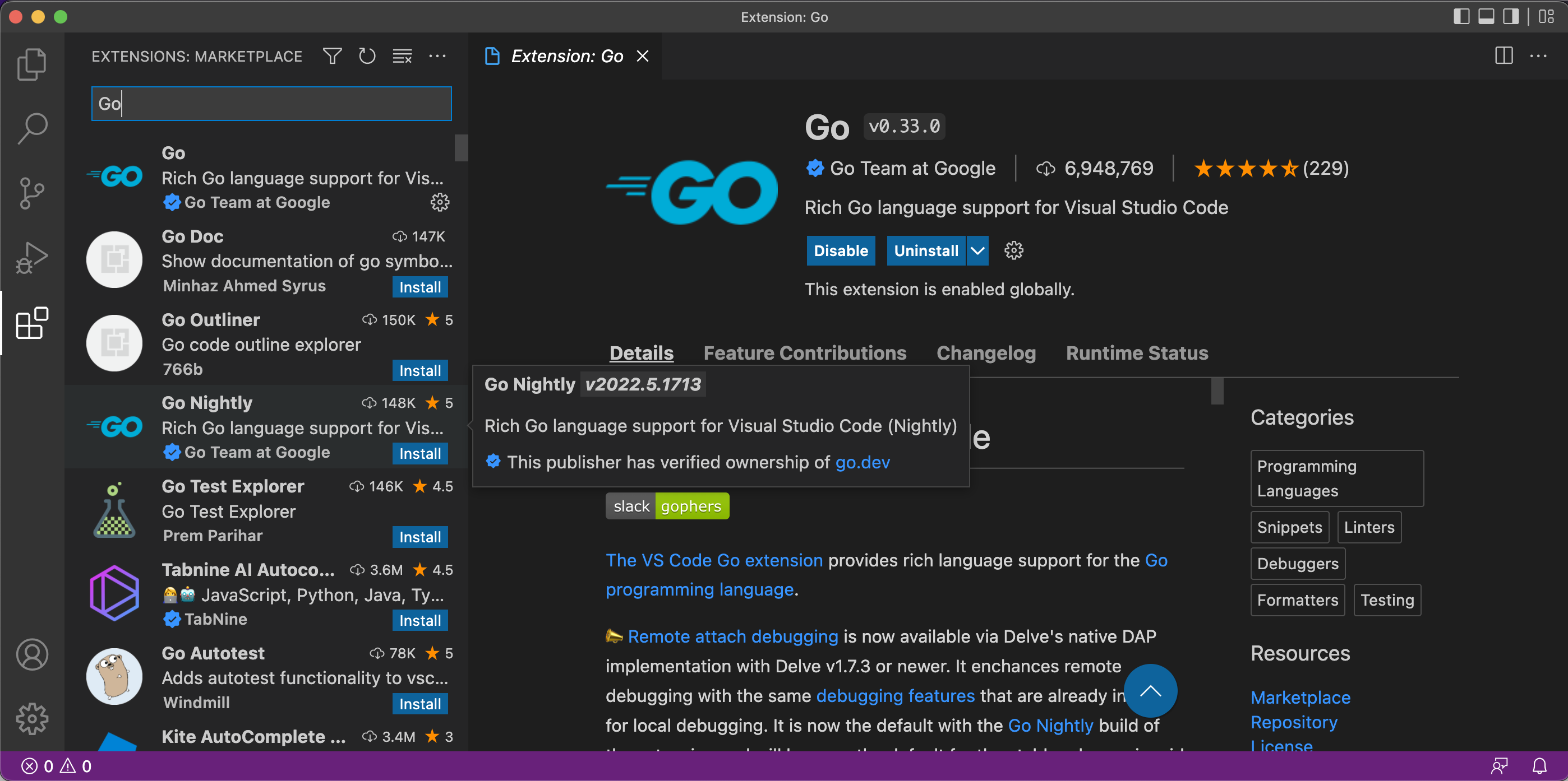 Tìm kiếm và cài đặt extension Go trên Visual Studio Code