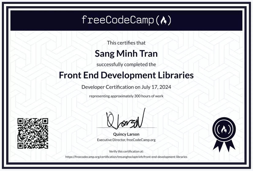 CERTIFICATE KHÓA HỌC "FRONT END DEVELOPMENT LIBRARIES" CỦA FREECODECAMP