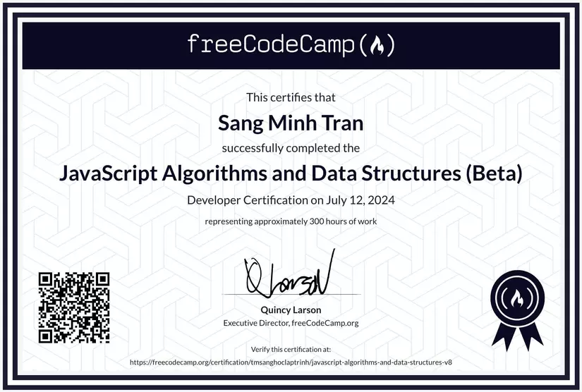 CERTIFICATE CỦA KHÓA HỌC JAVASCRIPT ALGORITHMS AND DATA STRUCTURES TRÊN FREECODECAMP